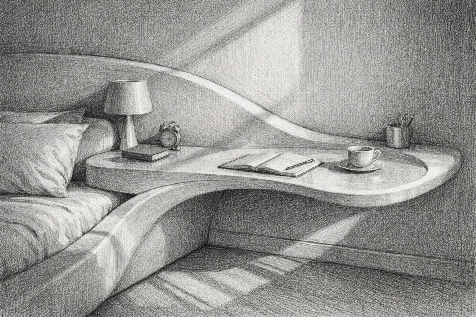 Boutique hotel interior design featuring seamless, integrated curved furniture in a luxury suite.