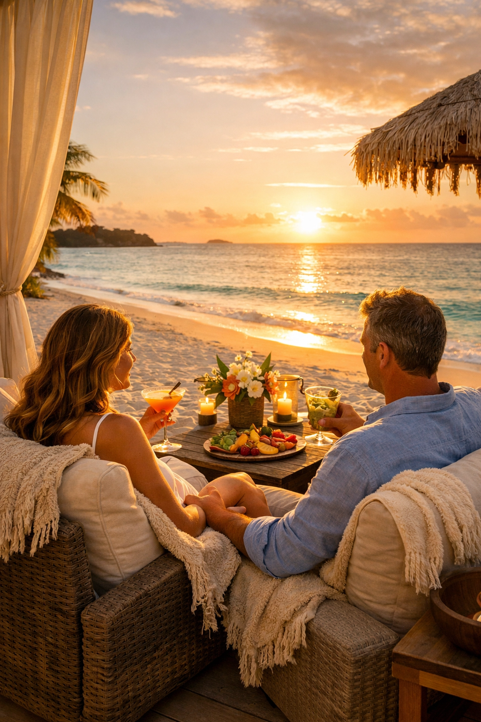 Couple relaxing on private beachfront terrace at luxury vacation rental