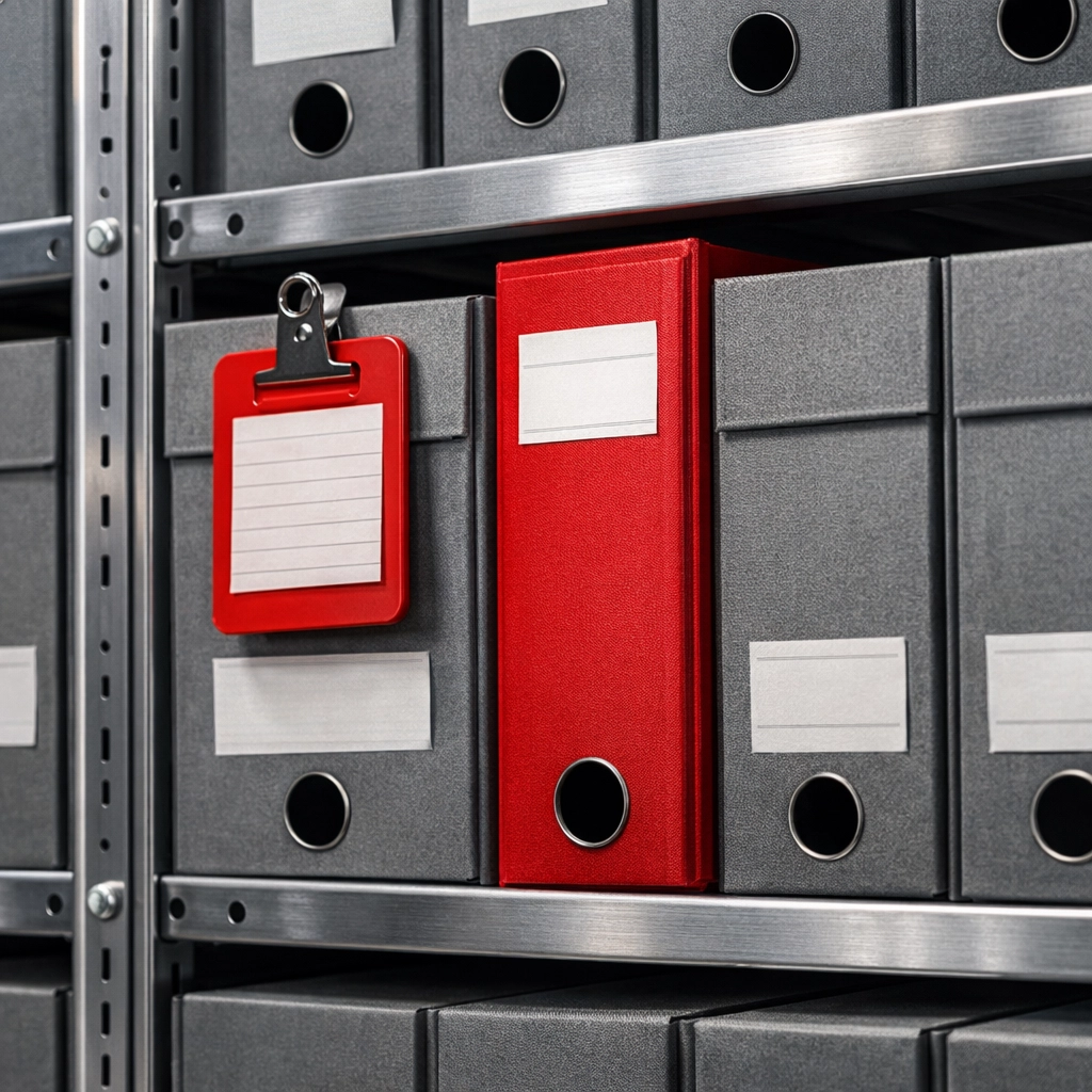 Organized archive storage shelving at a Hertford storage facilities business for secure document management.