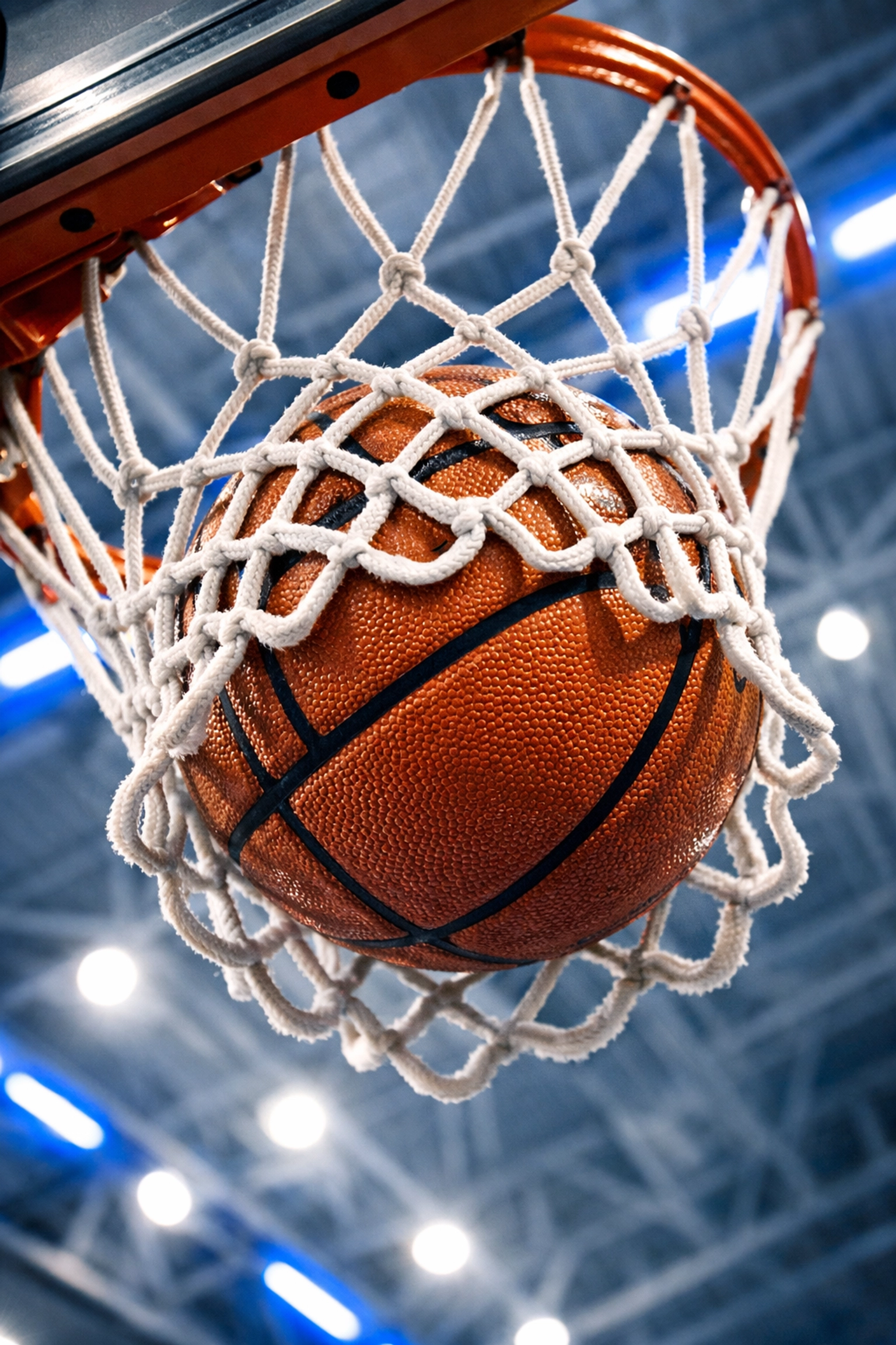 Action shot of a basketball through a hoop symbolizing college athlete scoring efficiency and NIL value.