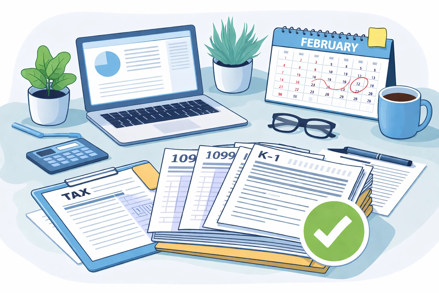 Organized tax documents, laptop, and calendar illustrate waiting for correct forms before self-employed tax filing in 2026.