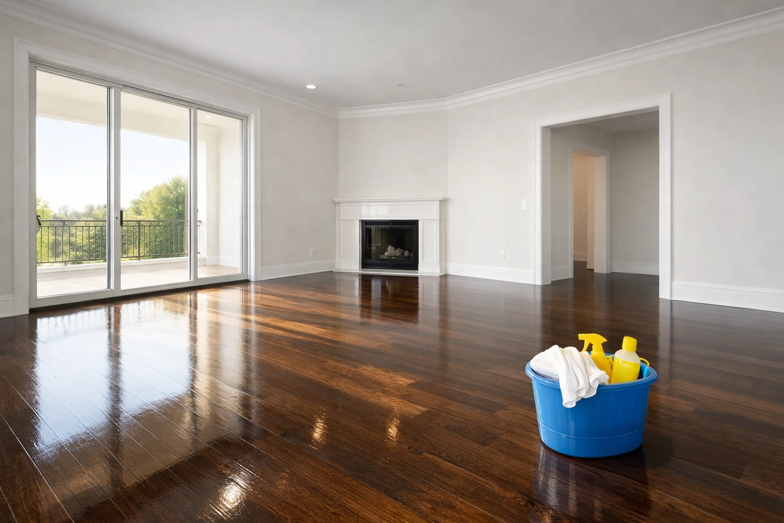Spotless Fitchburg living room with hardwood floors ready for move-in after professional cleaning.