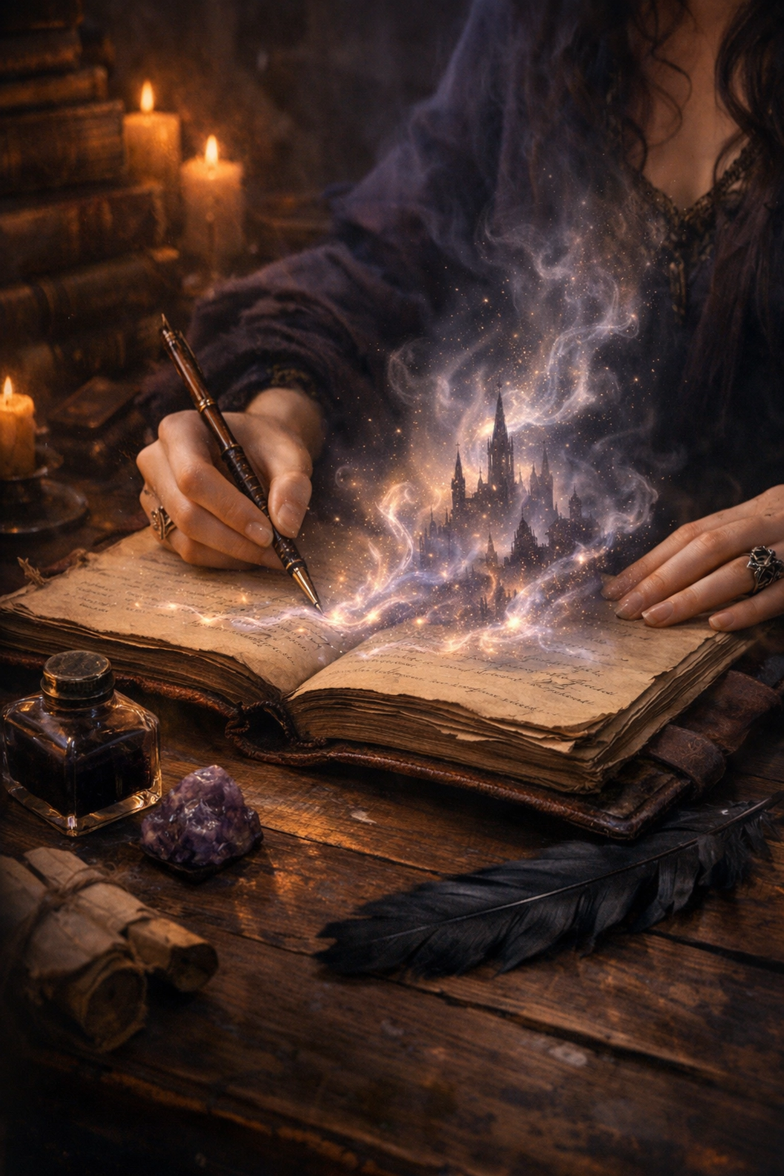 A writer's hands journaling with magical vapors, depicting the soulful storytelling journey of Evangeline Sol.