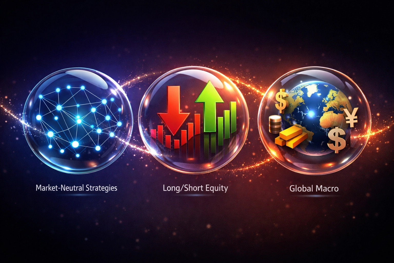 Three interconnected hedge fund strategies: market-neutral, long/short equity, and global macro