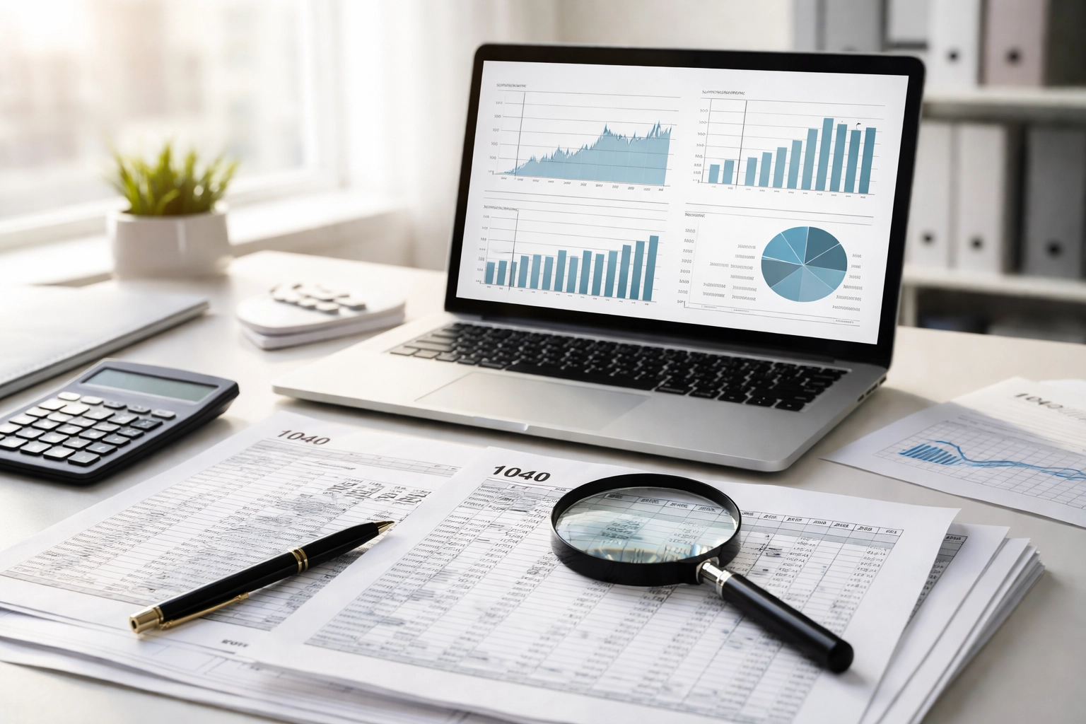 Office desk with tax documents, laptop, and financial charts illustrating S corporation IRS audit scrutiny