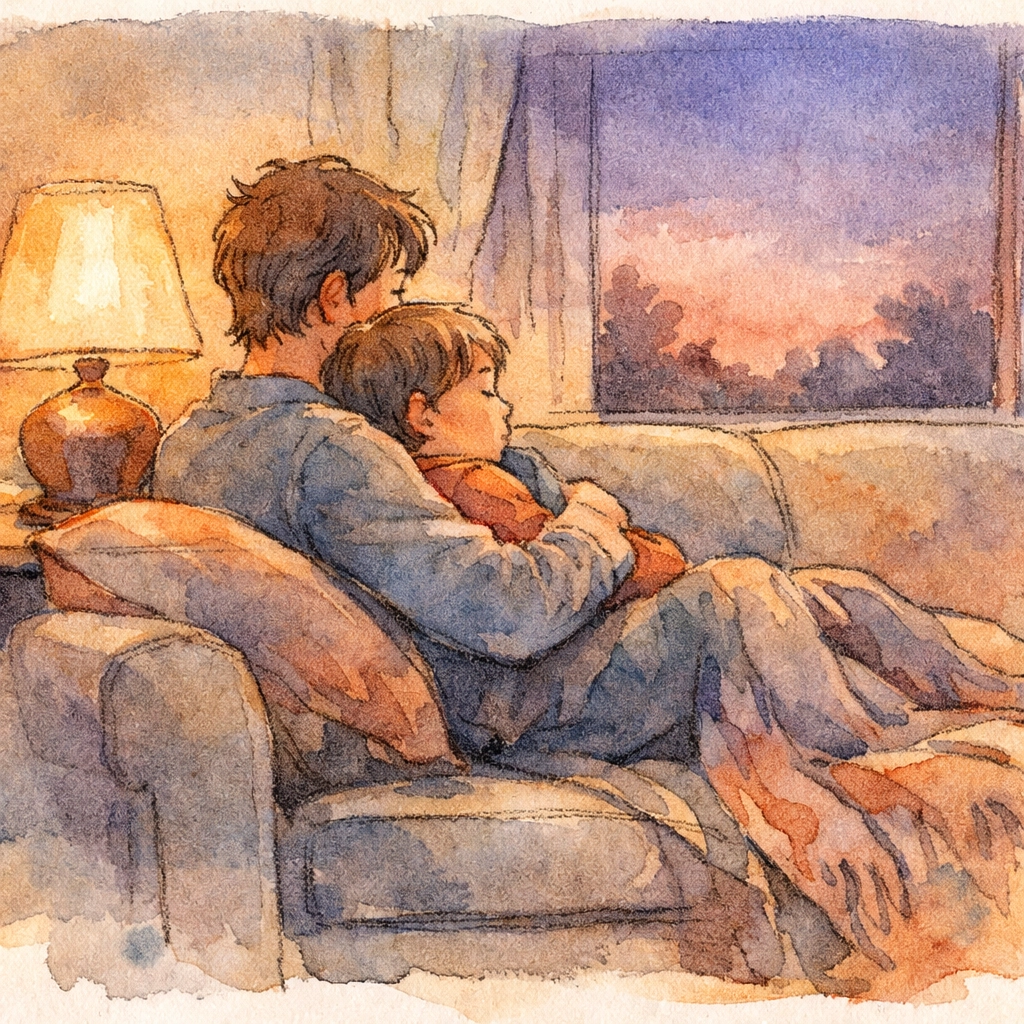 Parent and child connecting together on couch during evening devotional time