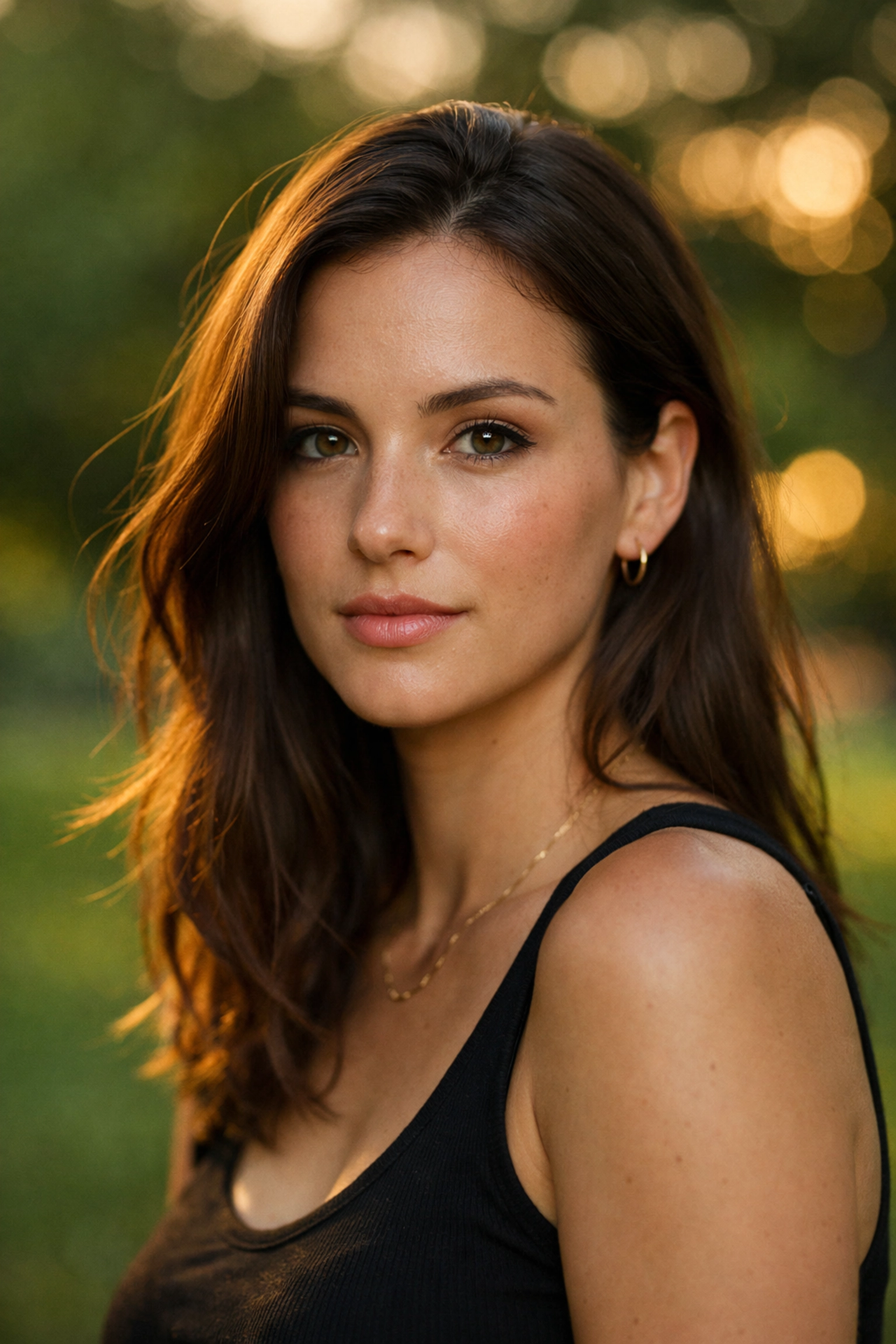Professional portrait photography showing soft golden hour lighting on a woman's face with a blurred park background.