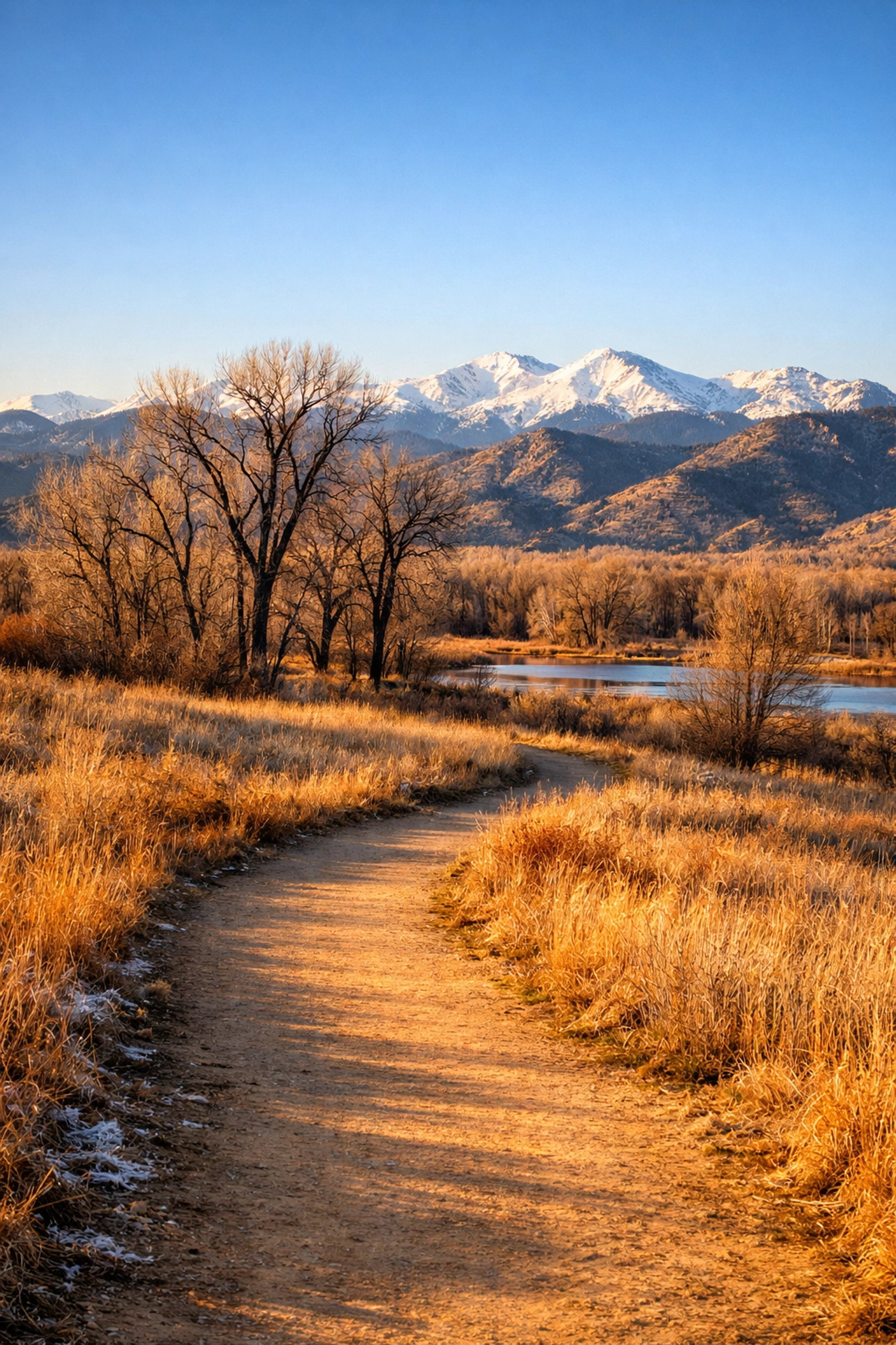 Walking trail at South Platte Park Littleton with Rocky Mountain foothills view
