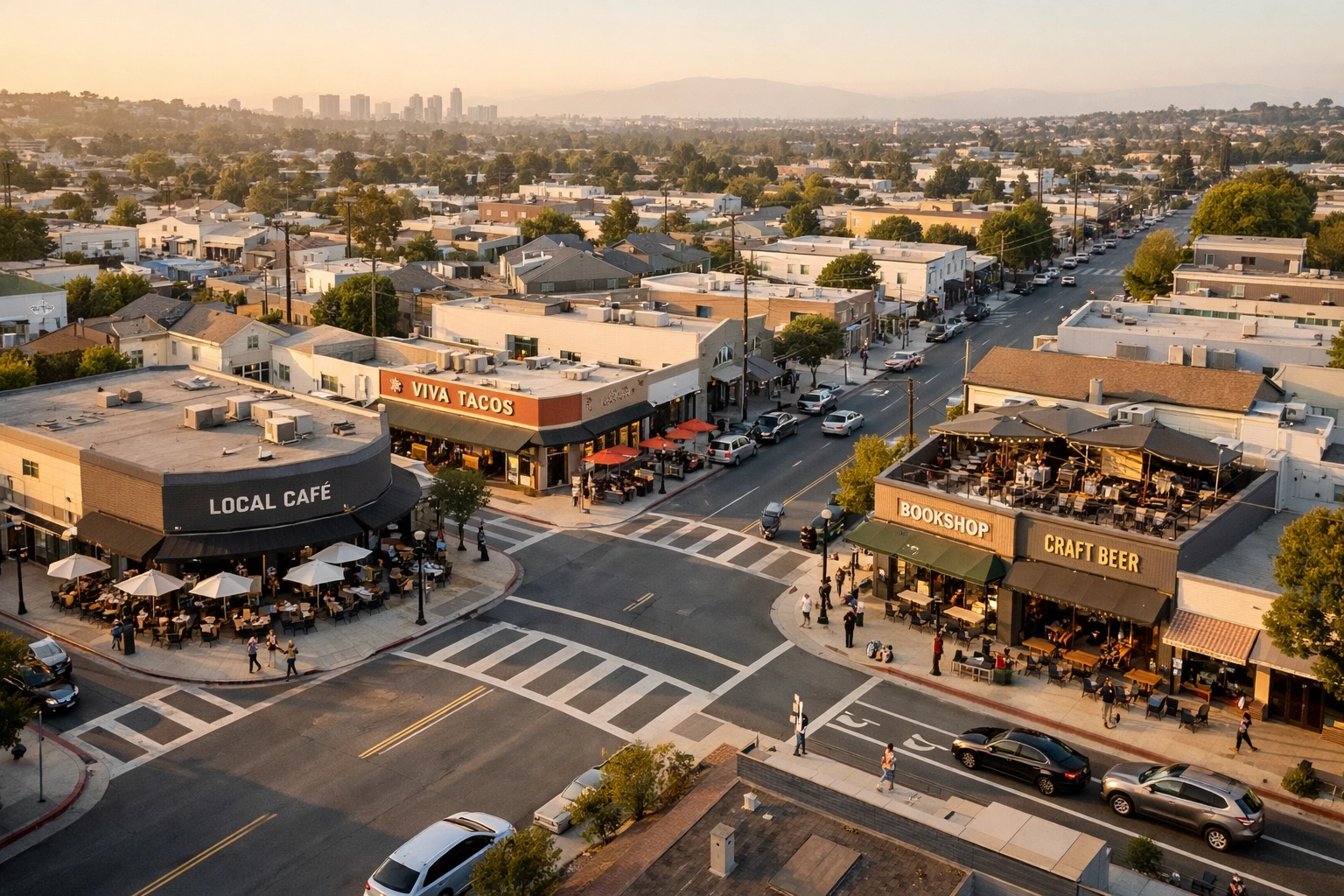 Aerial view of local businesses in urban neighborhood showing hyperlocal marketing opportunities