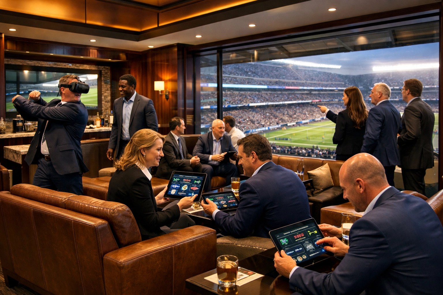 Executives engaging with interactive VR simulators in luxury Super Bowl hospitality suite