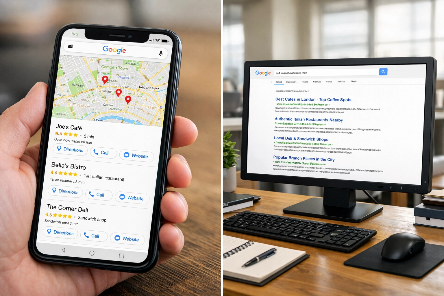 Comparison of Google Maps local pack results on mobile and website organic search rankings on desktop