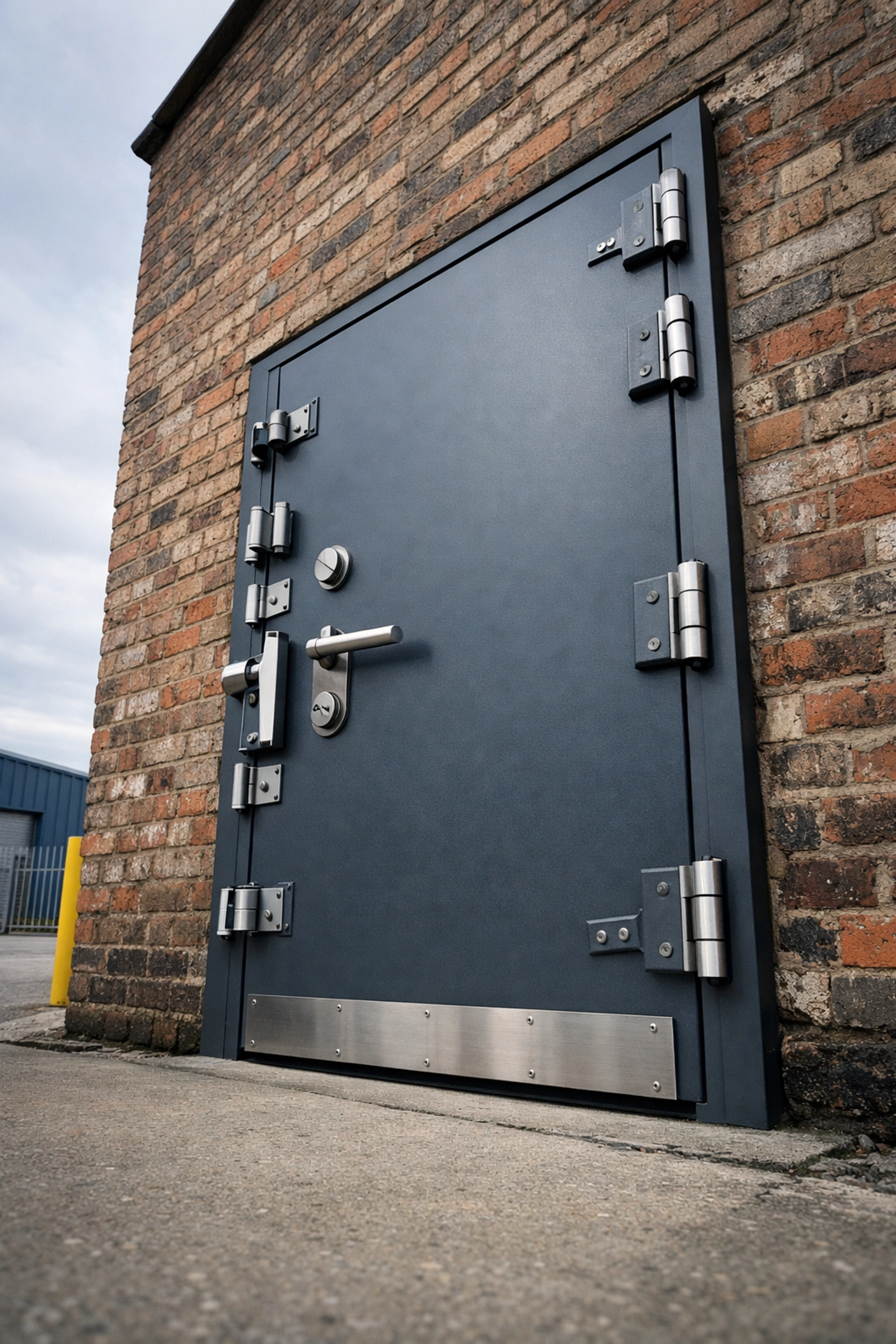 High-security industrial steel door installed on a warehouse in a Hereford industrial estate for maximum protection.