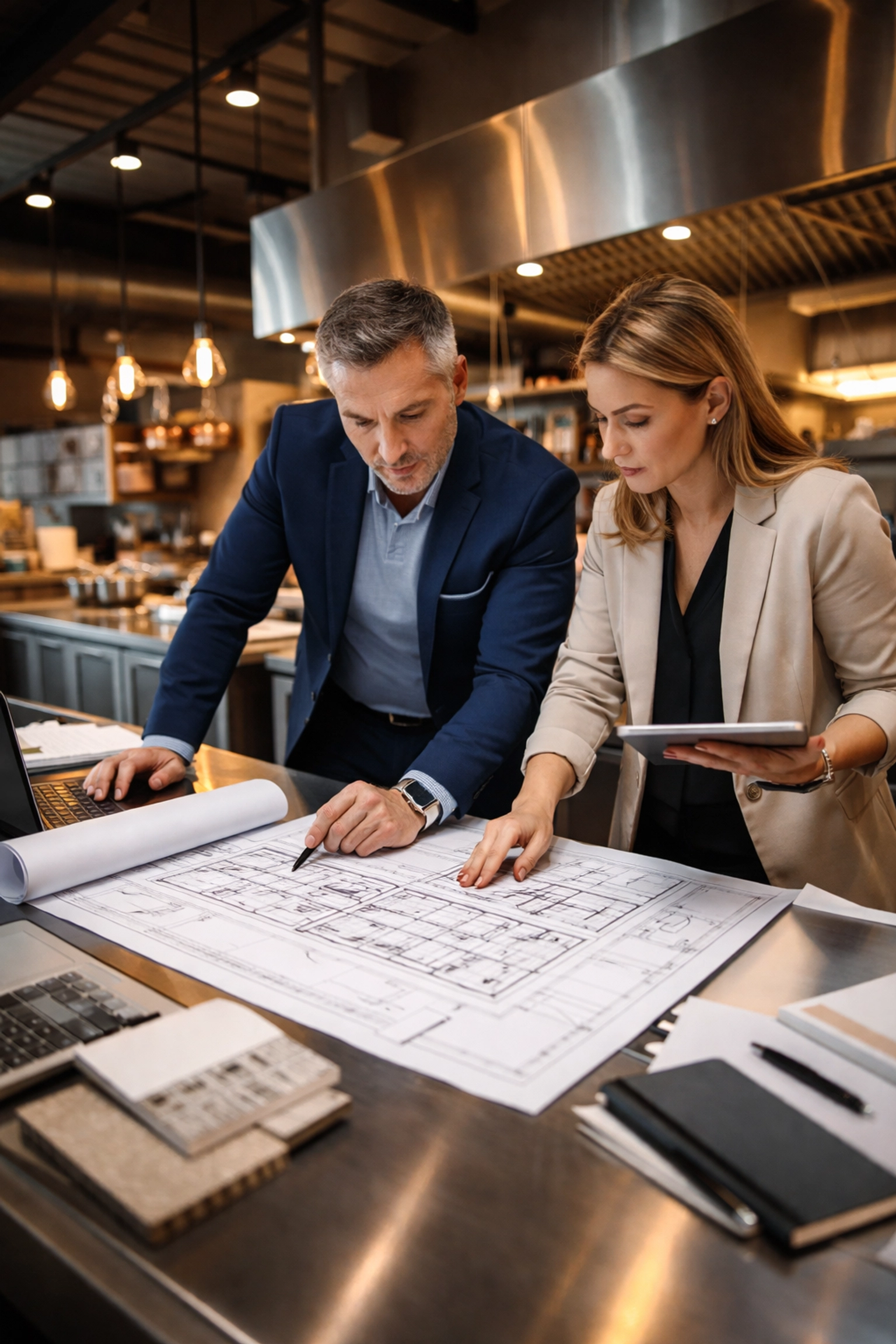 Restaurant design consultants examine kitchen plans in an industrial space, emphasizing complex concept development in hospitality projects