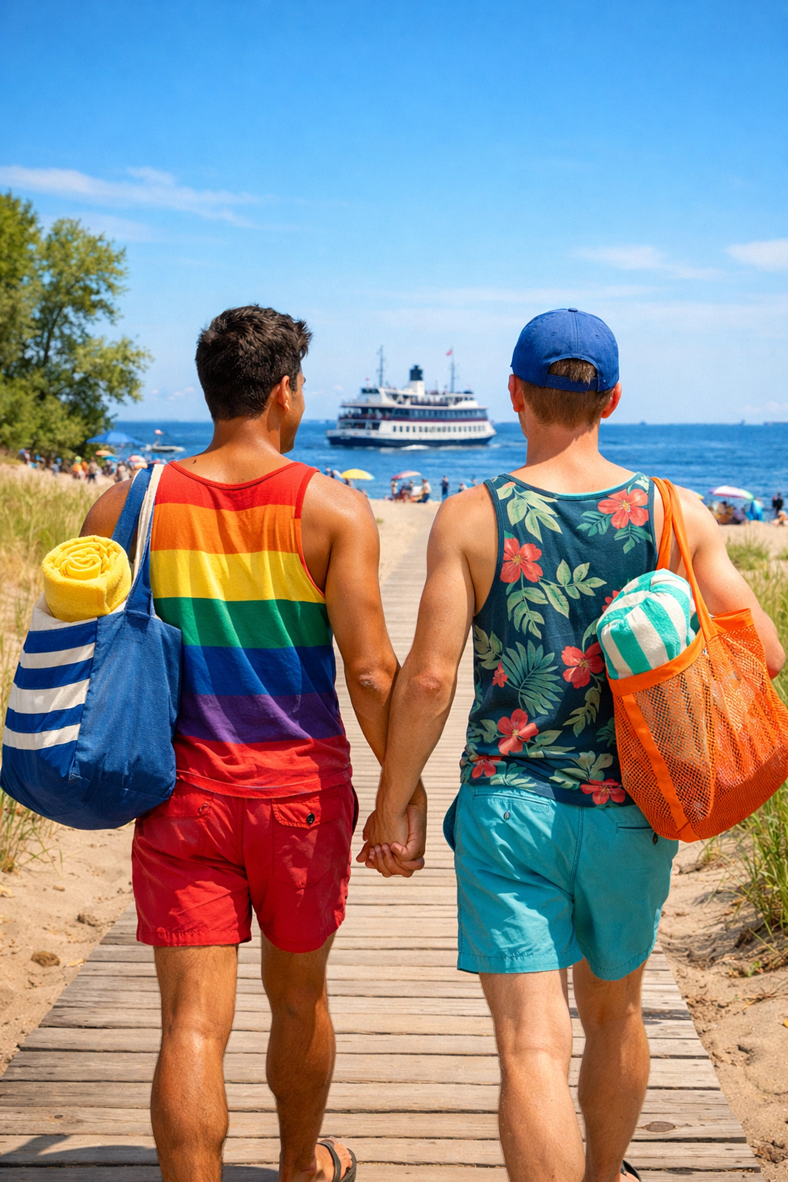 Gay couple walking to Hanlan's Point Beach Toronto Islands ferry LGBTQ+ summer destination