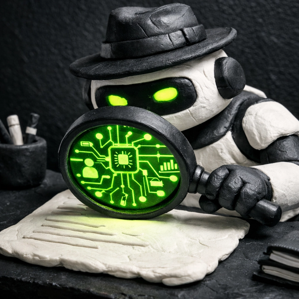 KINETK robot uses a magnifying glass to scan a clay resume, illustrating how an ATS resume checker works.