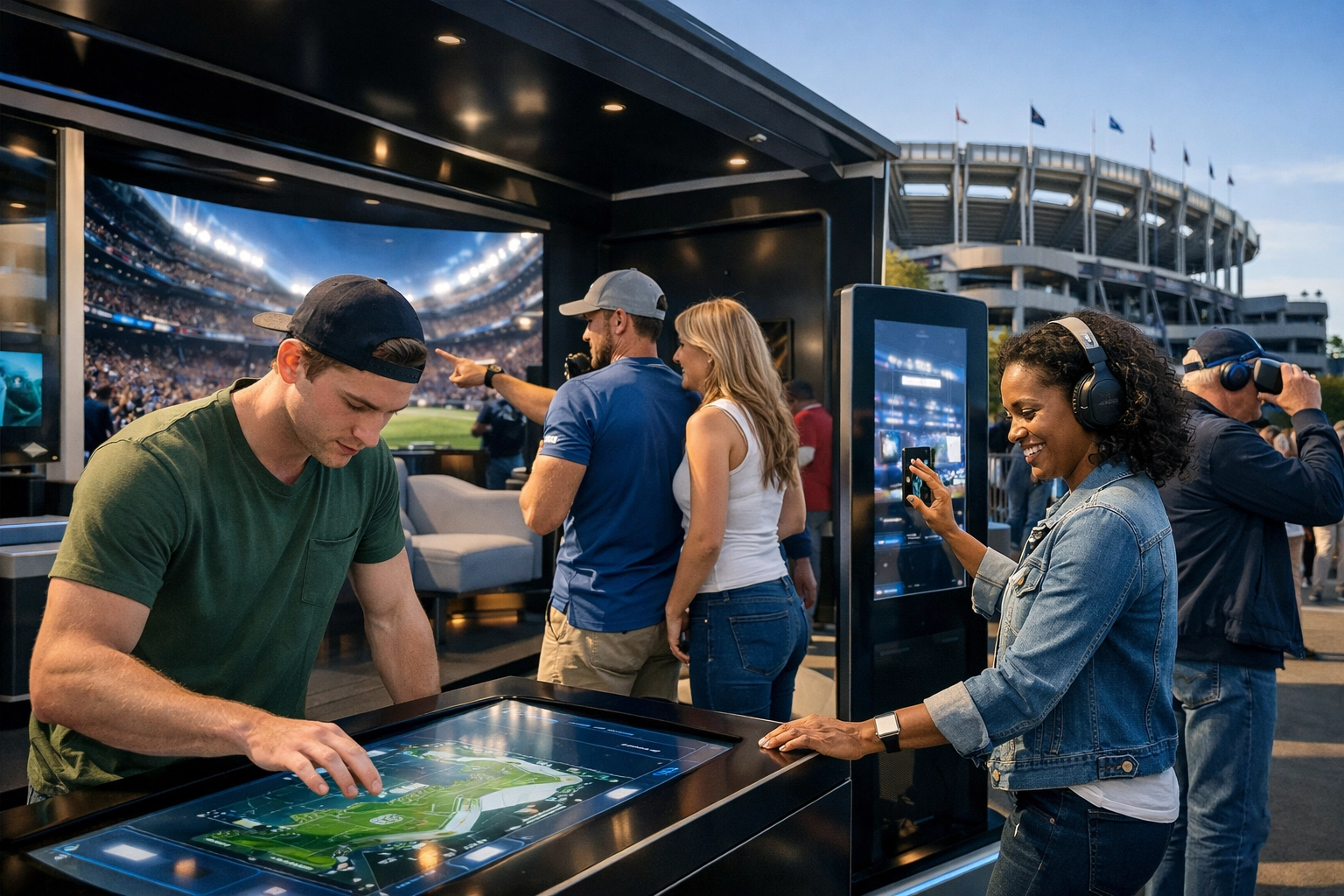 Fans interacting with a high-tech sponsorship activation display at a stadium event managed by Dakdan Worldwide.