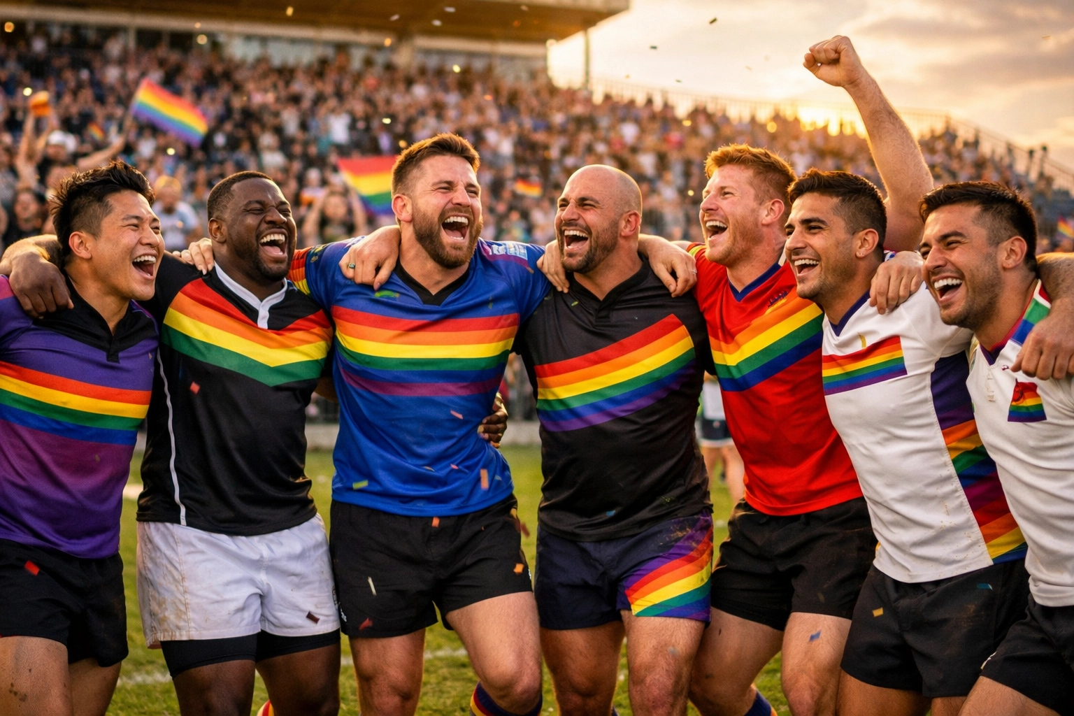 Gay rugby team celebrates victory together on field, arms linked in solidarity and pride