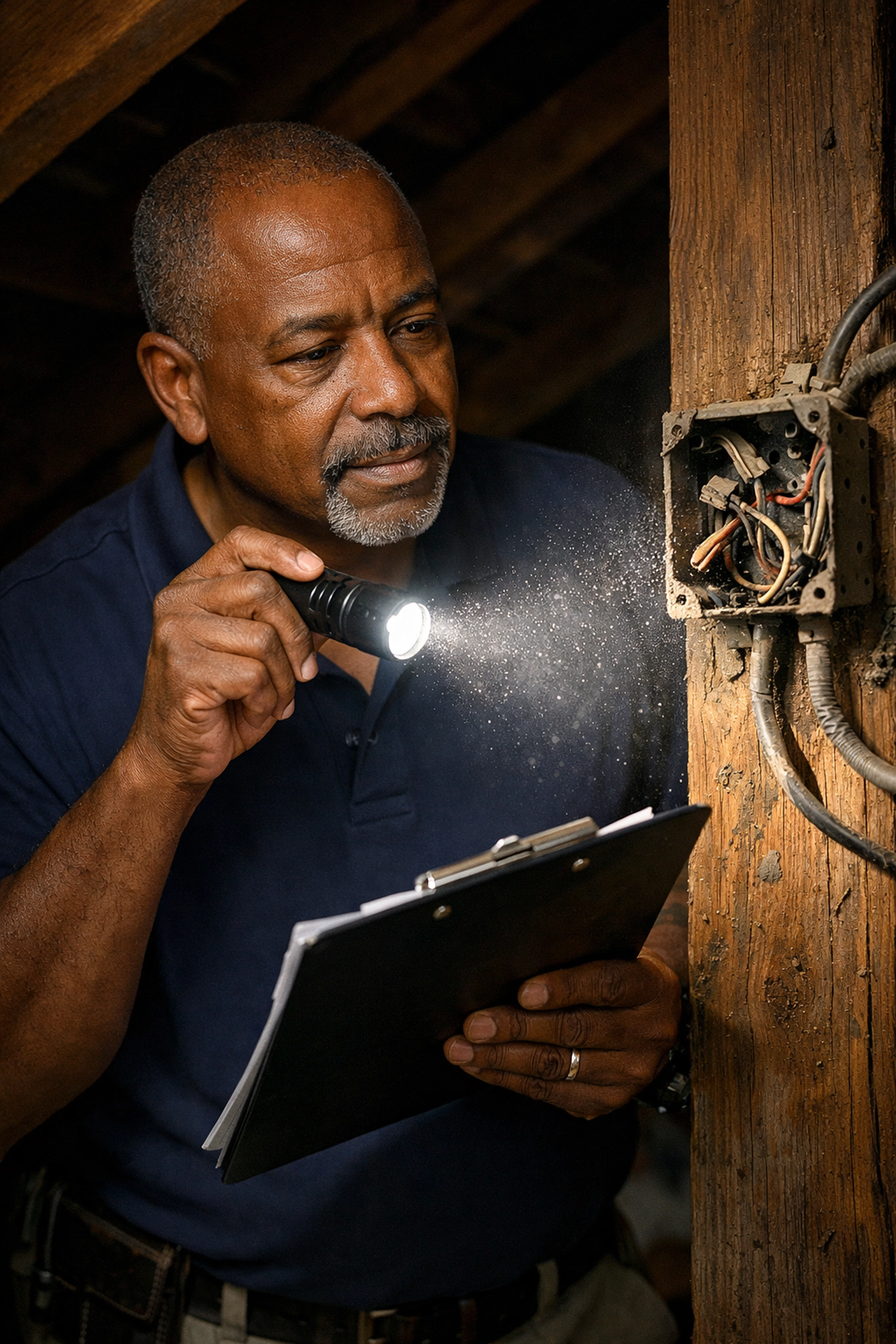Home inspector examining outdated wiring and exposed junction box during electrical inspection