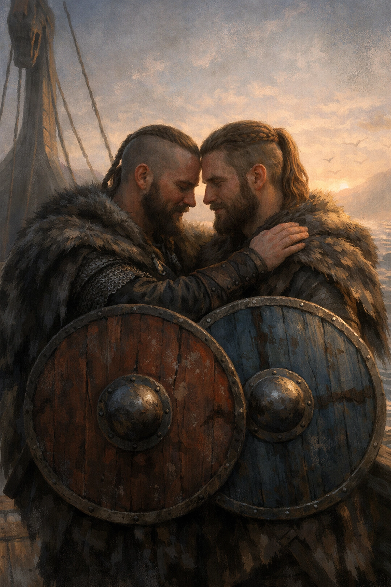 Two Viking shield-brothers standing together on longship deck in protective embrace