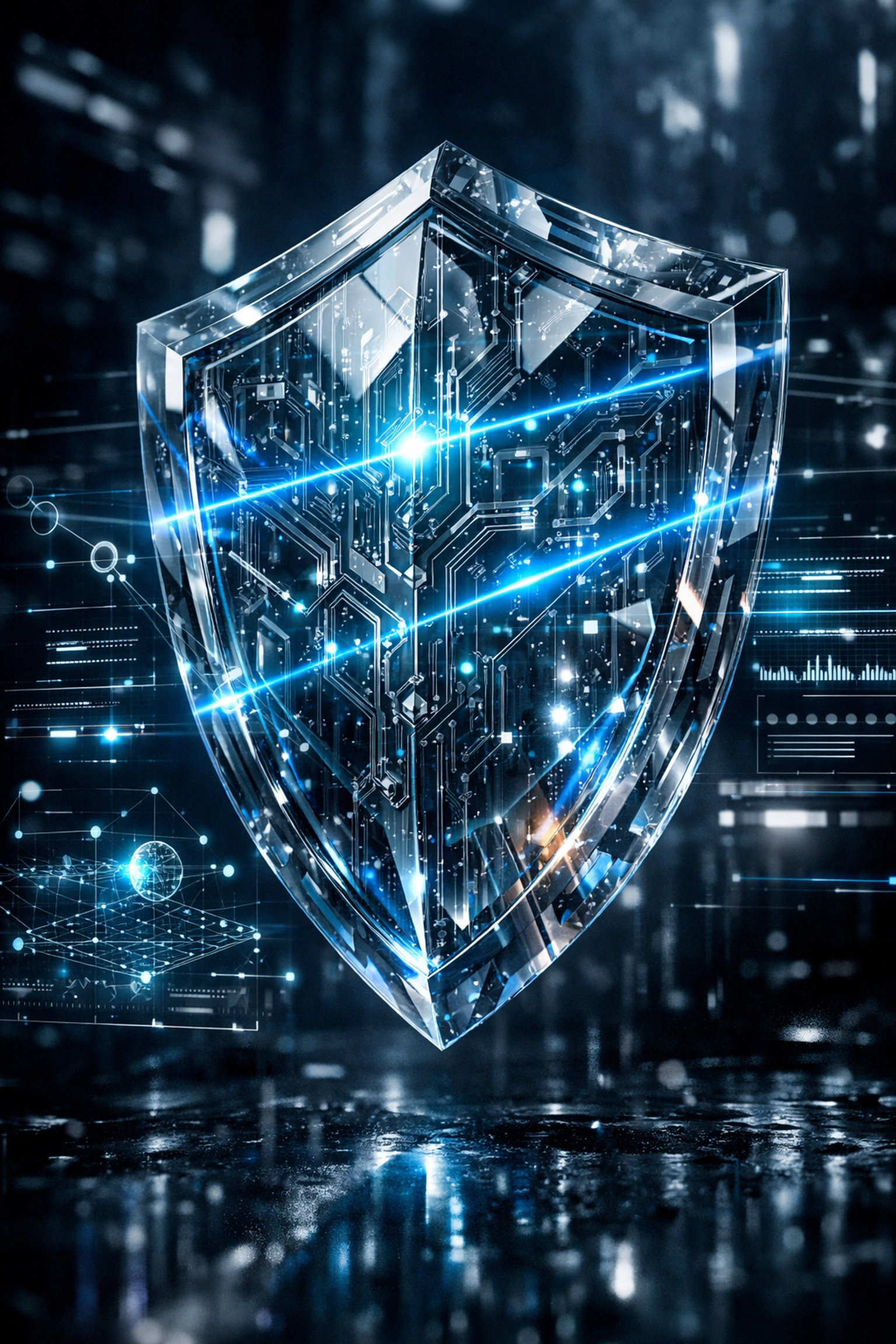 Digital shield with scanning light representing secure WordPress maintenance services and cyber protection.