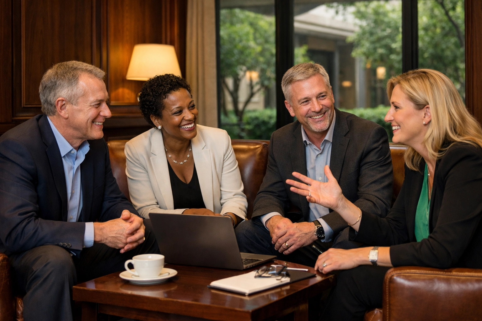 CPA peer group session discussing strategic stillness and firm optimization in a lounge.