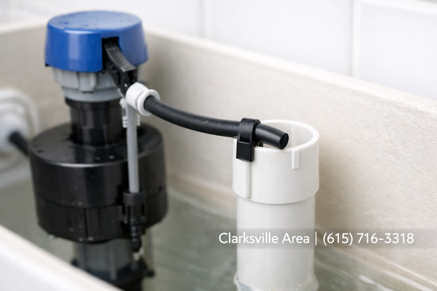 A new toilet fill valve and refill tube properly installed to prevent running water in Clarksville.