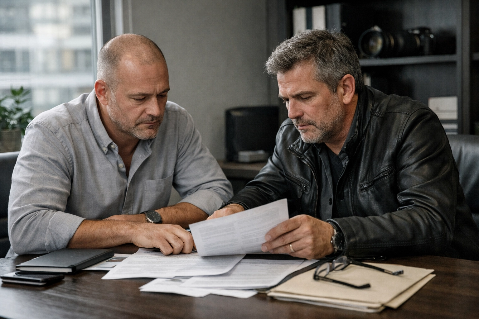 Business owner consulting with a private investigator in a modern office (no text or logos)