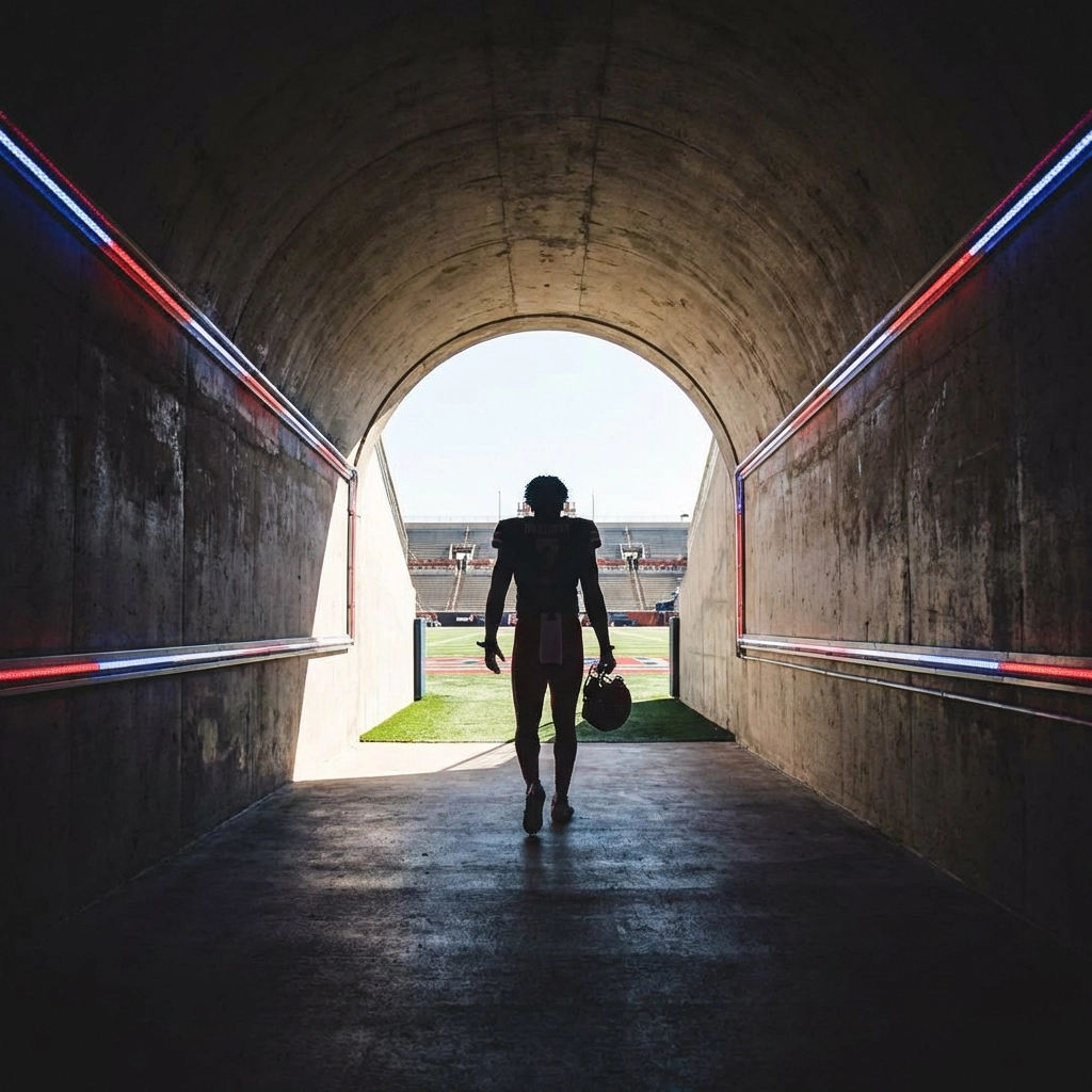 Player walking out of stadium tunnel toward light, representing Jordan Renaud's new start with Ole Miss