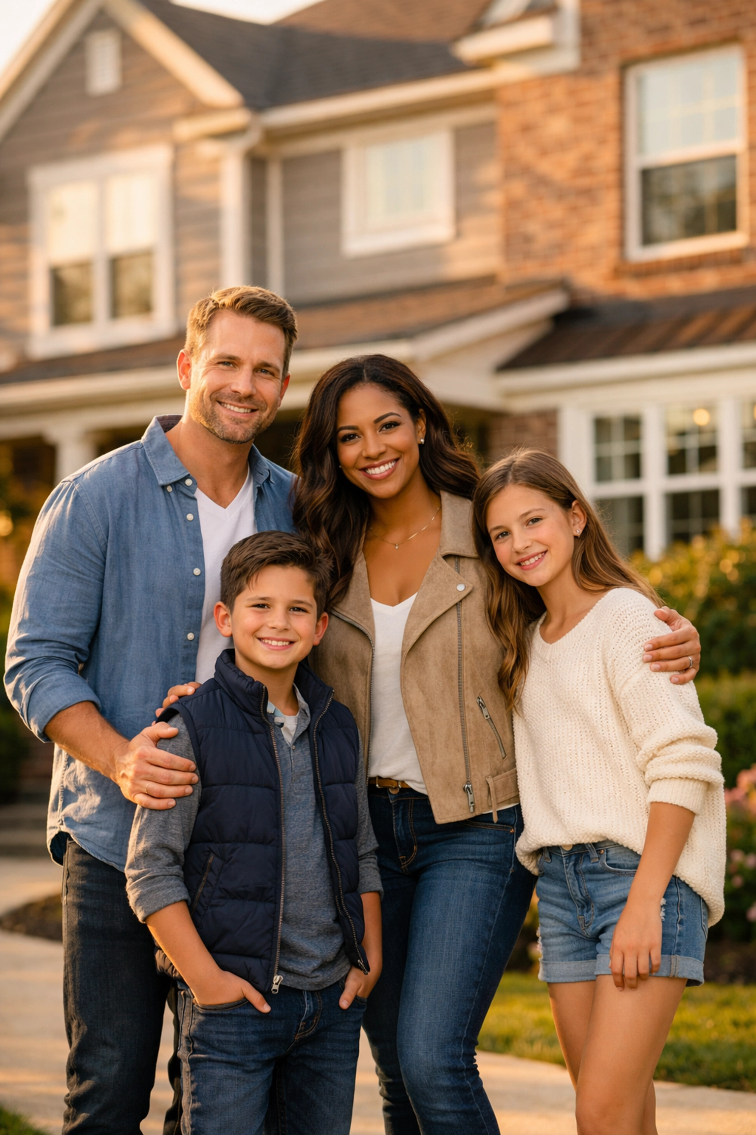 Happy family in front of their insured home in Florence Kentucky