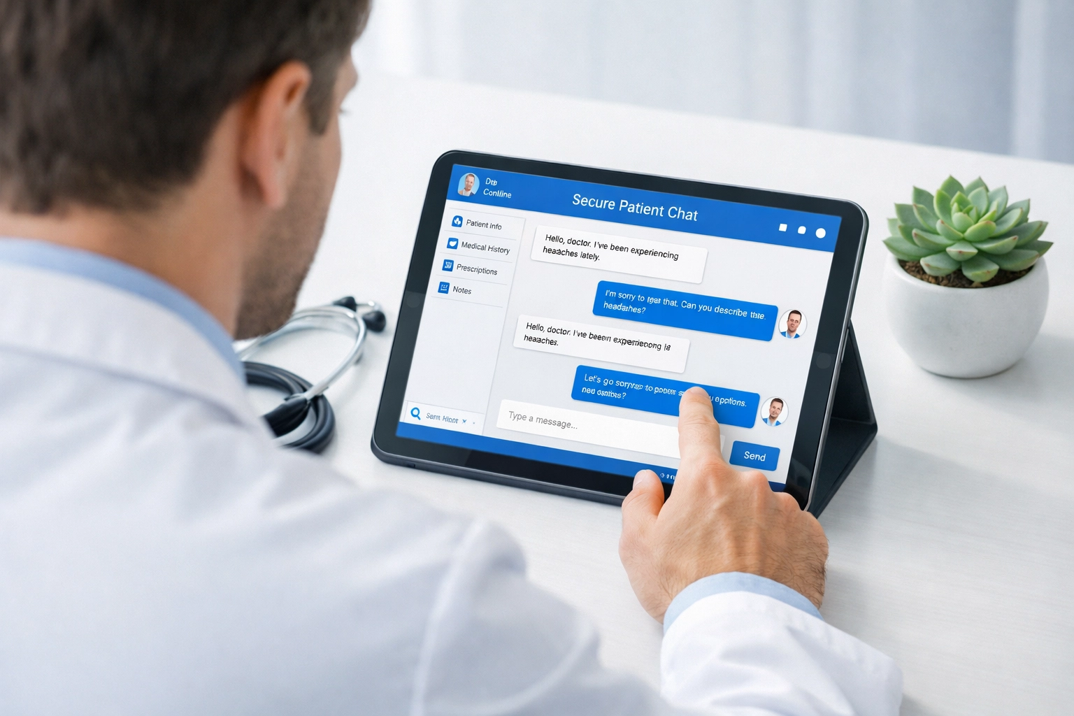 Licensed doctor using a tablet for a secure online consultation to provide a fast medical diagnosis.