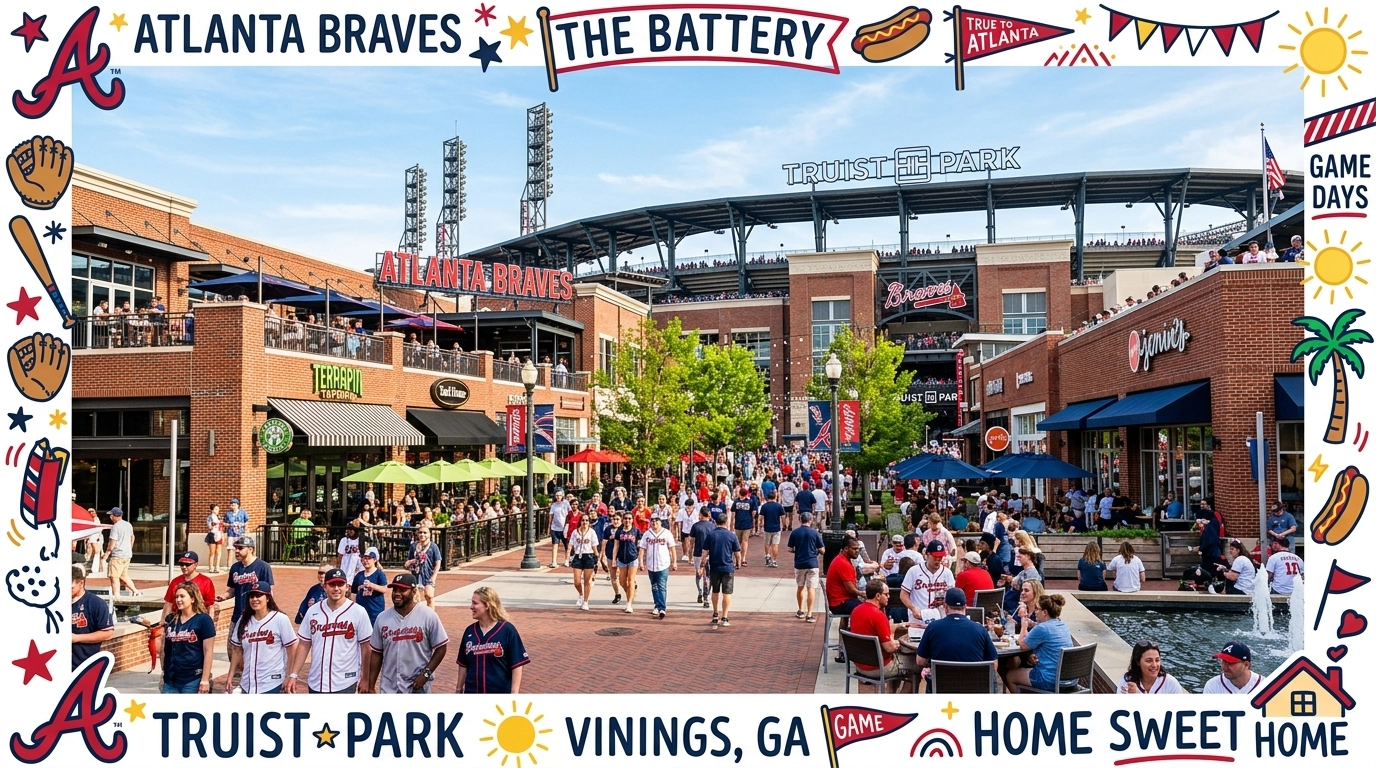 The lively atmosphere of The Battery Atlanta near Vinings, framed with colorful hand-drawn accents.