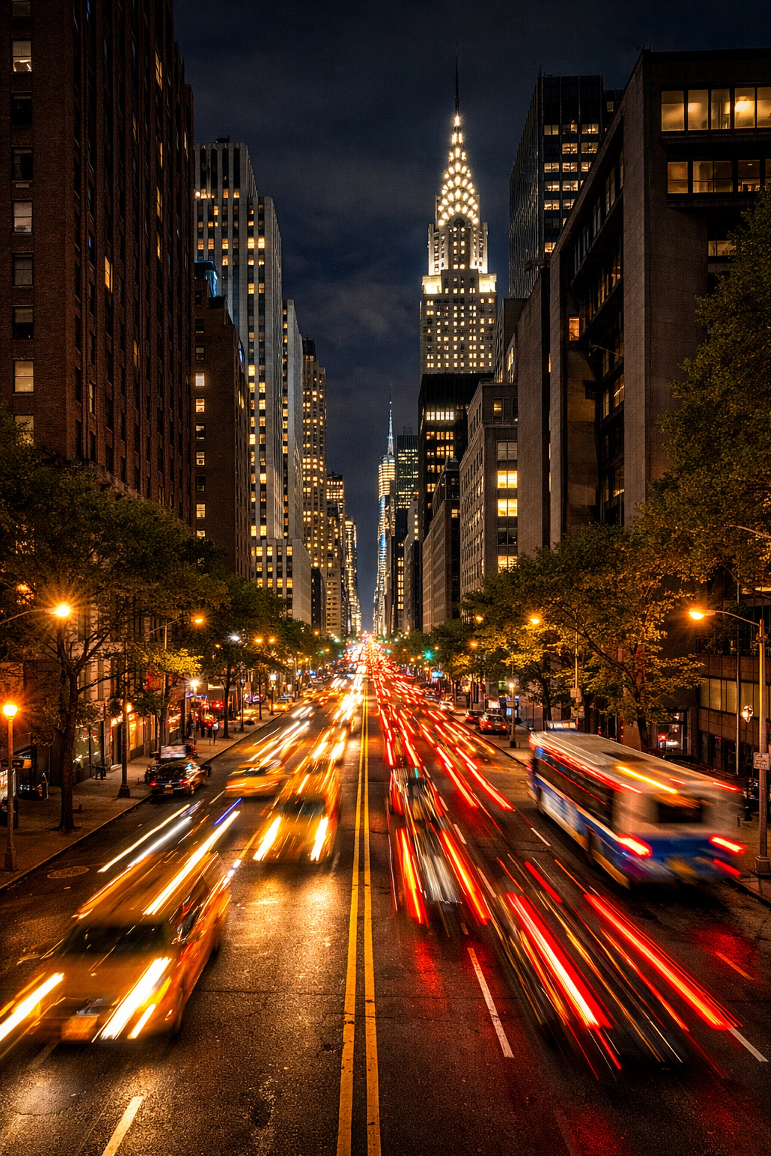 Night photography from Tudor City Bridge showing 42nd Street taxi light trails and the Chrysler Building in NYC.