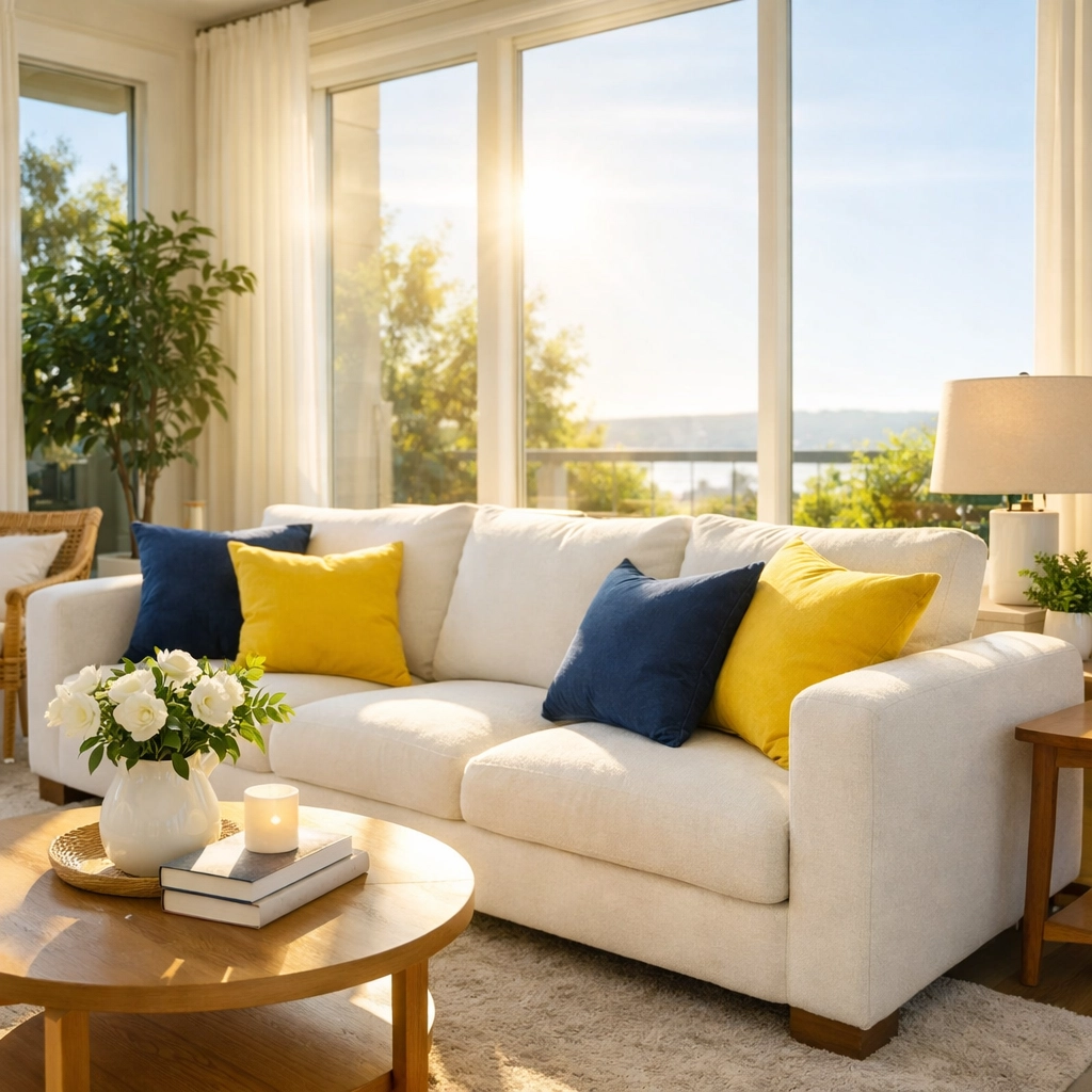 A bright, healthy living room reflecting the results of professional eco-friendly house cleaning.