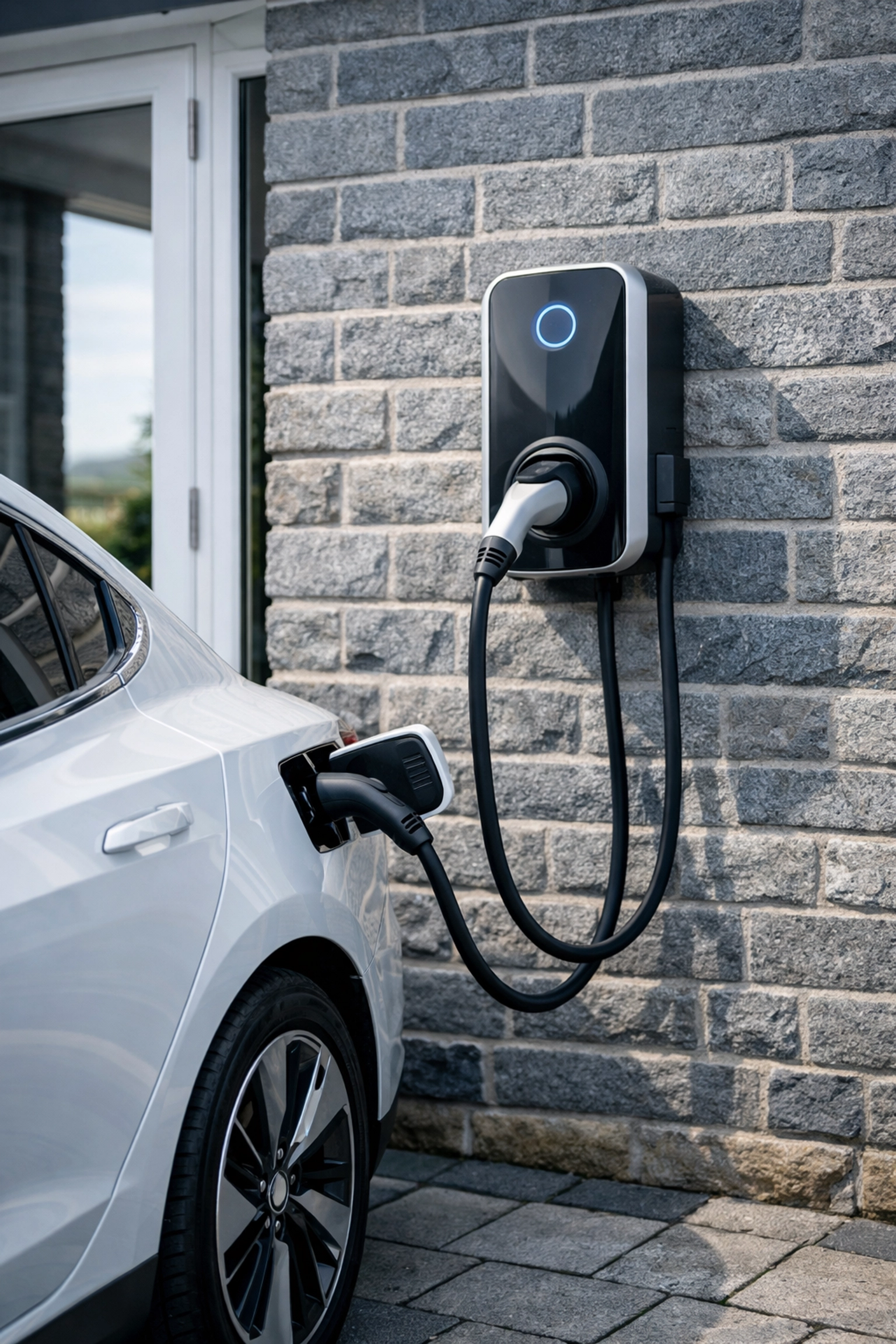 Professional home EV charger installation in Dorset showing a white electric car charging on a driveway.