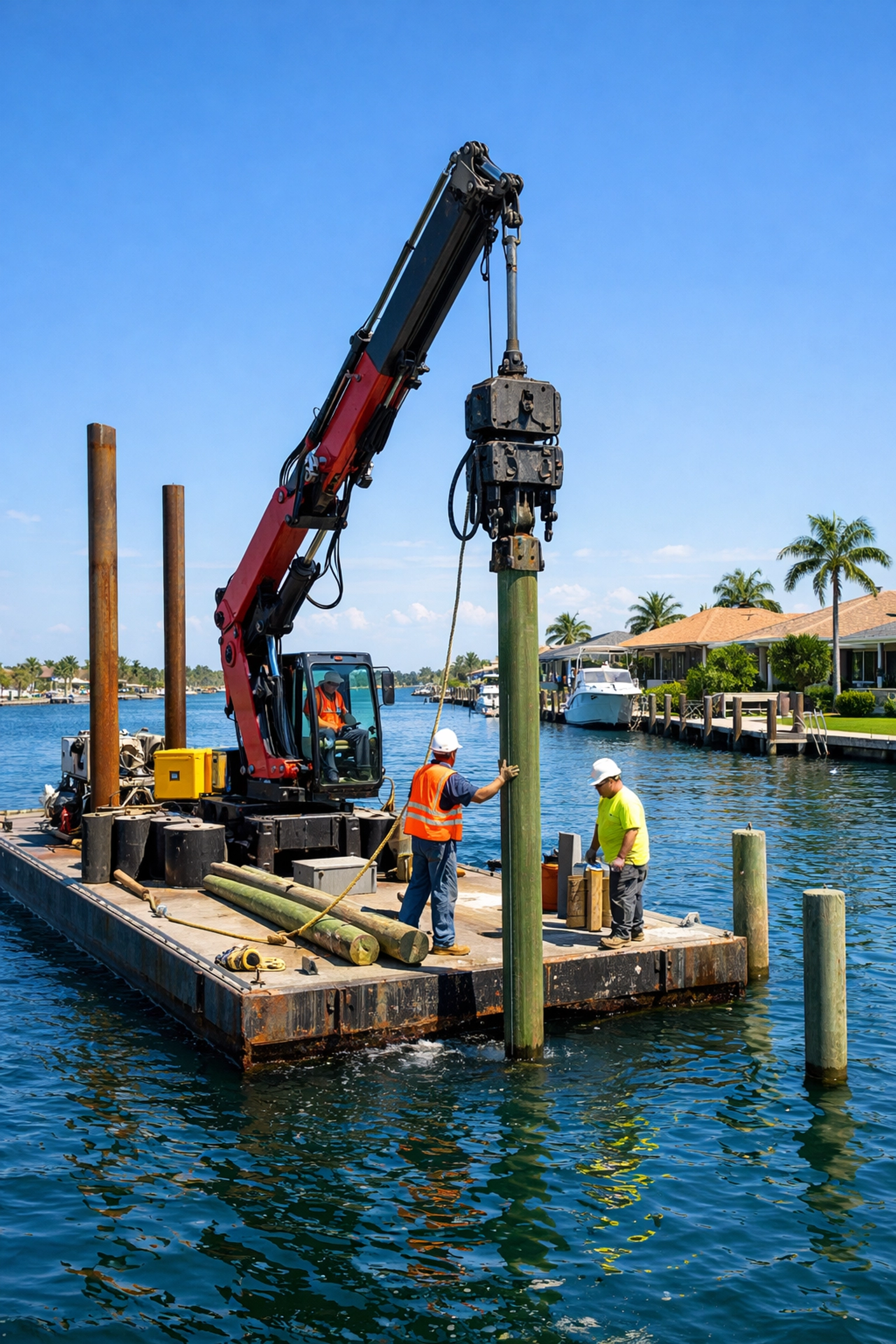 Professional marine construction barge installing dock pilings for an SWFL waterfront home.