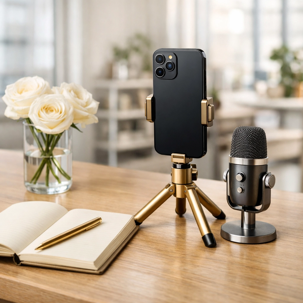 Professional influencer workstation with smartphone and microphone for high-conversion shoppable video product reviews.