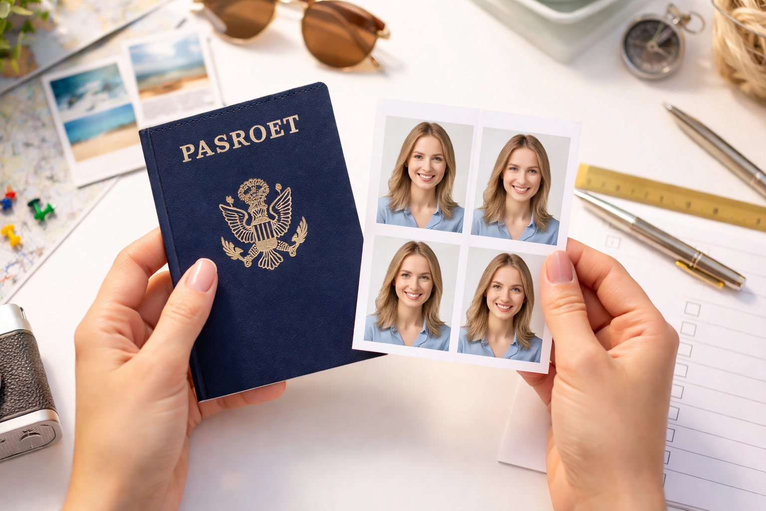 Hands holding a passport with fresh 2x2 passport photo prints on a clean studio desk, ready for travel paperwork.