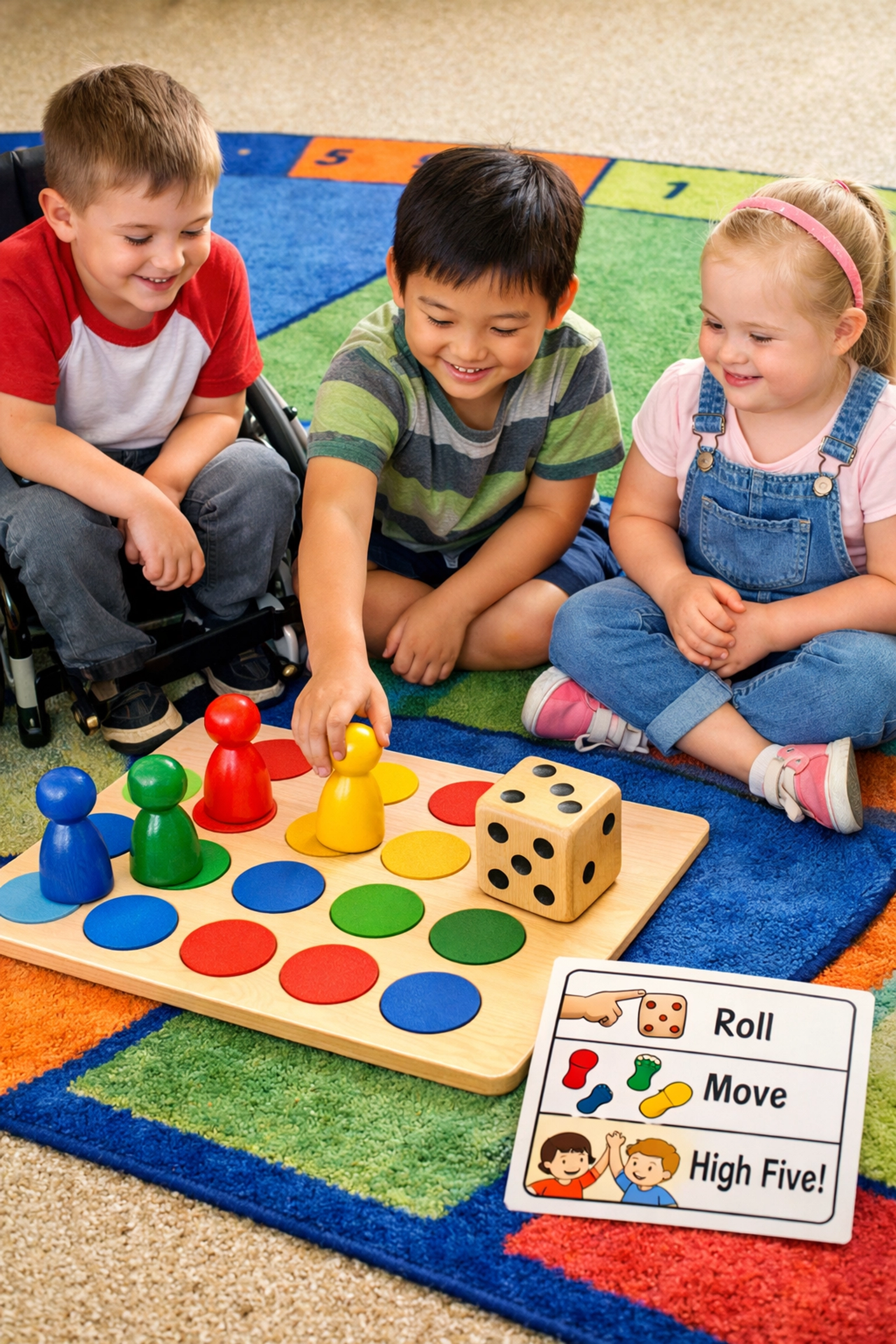 Kids using visual supports while playing an inclusive group board game on a colorful rug.