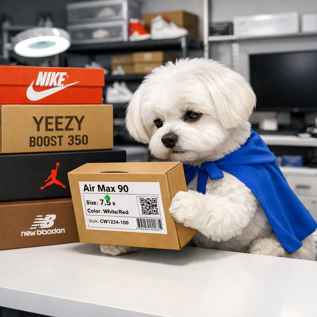Daisy AI inspecting designer sneaker box labels to spot common counterfeit packaging mistakes.