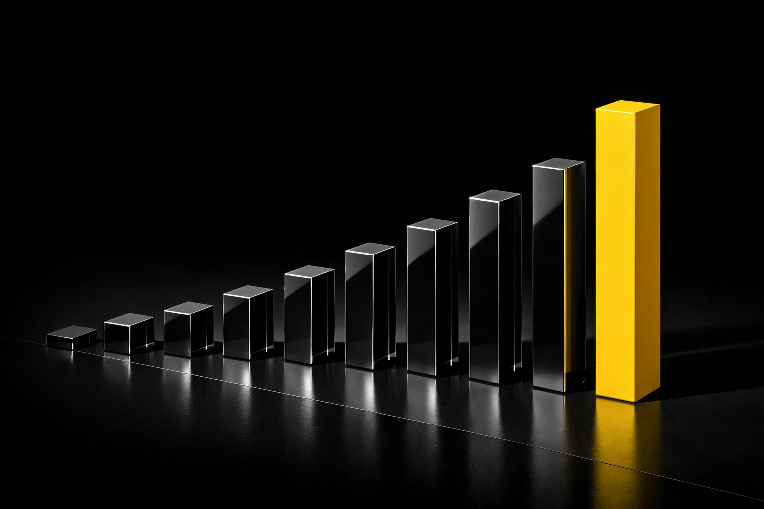 Minimalist black and yellow pillars illustrating 10x startup growth for effective pitch deck data visualization.