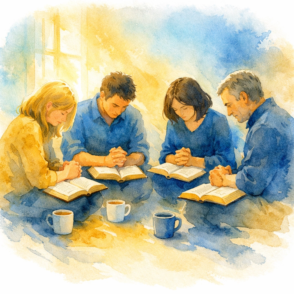 Small group Bible study prayer circle showing Christian community