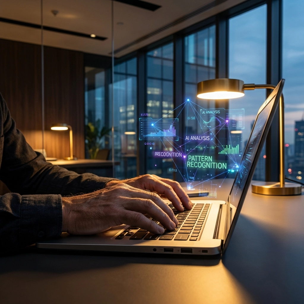 Investigator at laptop with digital analytics, showing advanced AI tools in modern Florida skip tracing.