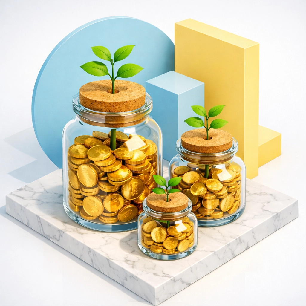 Three glass jars filled with coins and growing plants symbolizing long-term financial growth and investing.