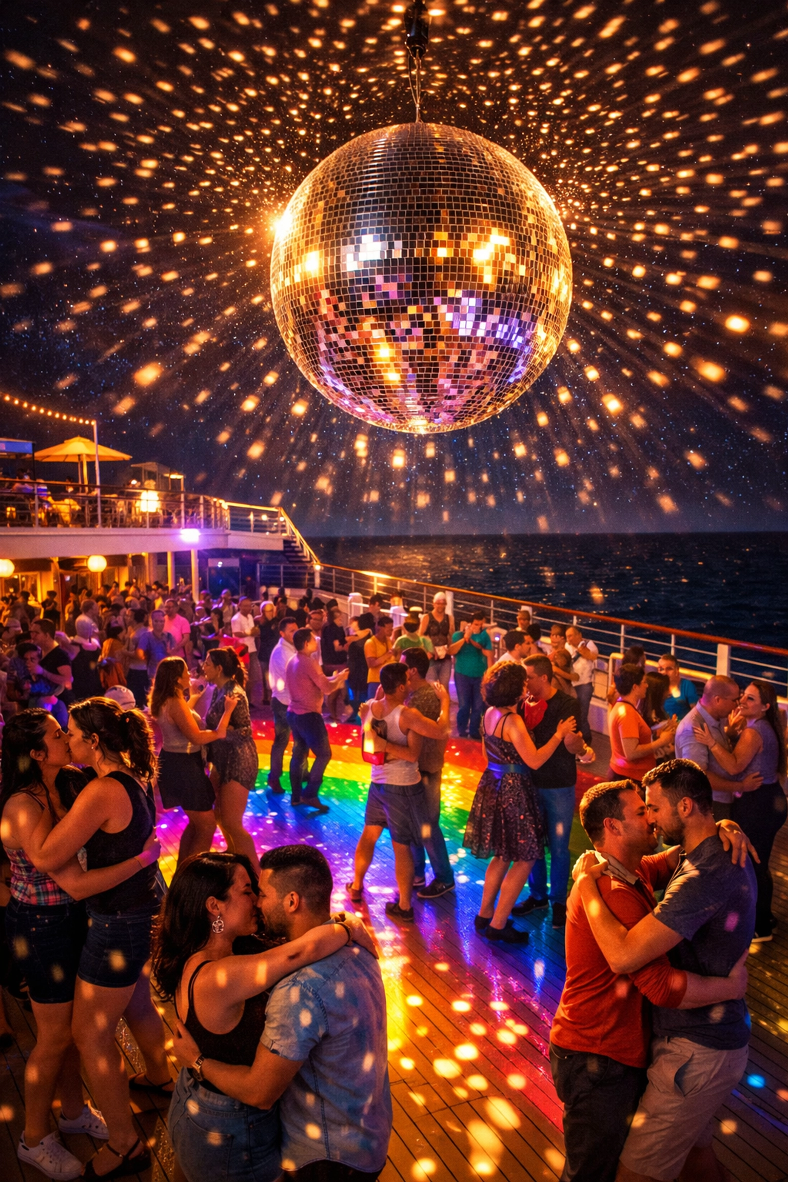 LGBTQ+ couples dancing under disco ball lights on cruise ship deck at night