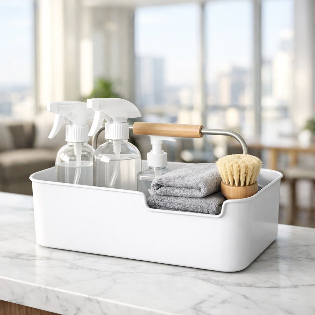 Organized cleaning caddy with supplies on a kitchen counter in a modern Midwest apartment.