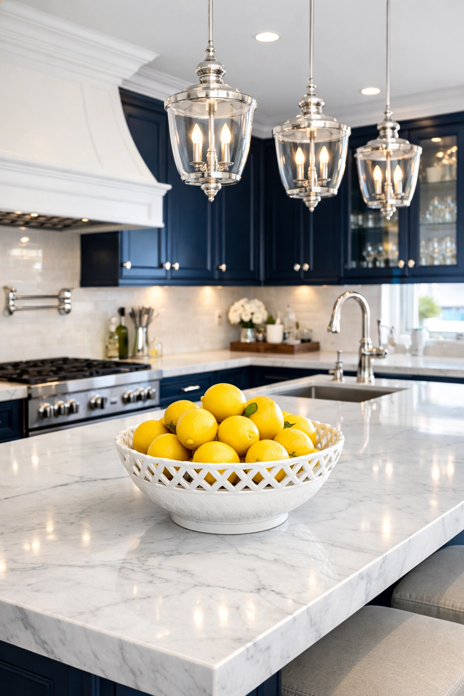 Spotless luxury kitchen with marble countertops, part of a bi-weekly house cleaning routine in New Seabury.