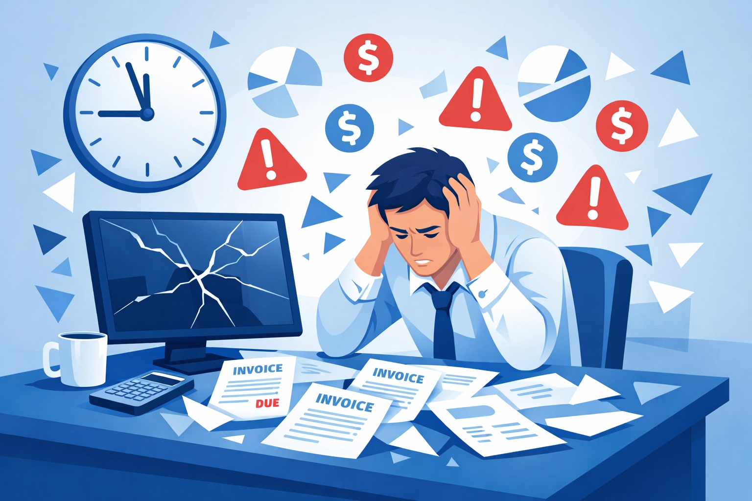 Stressed business owner facing unexpected break-fix IT costs and computer problems