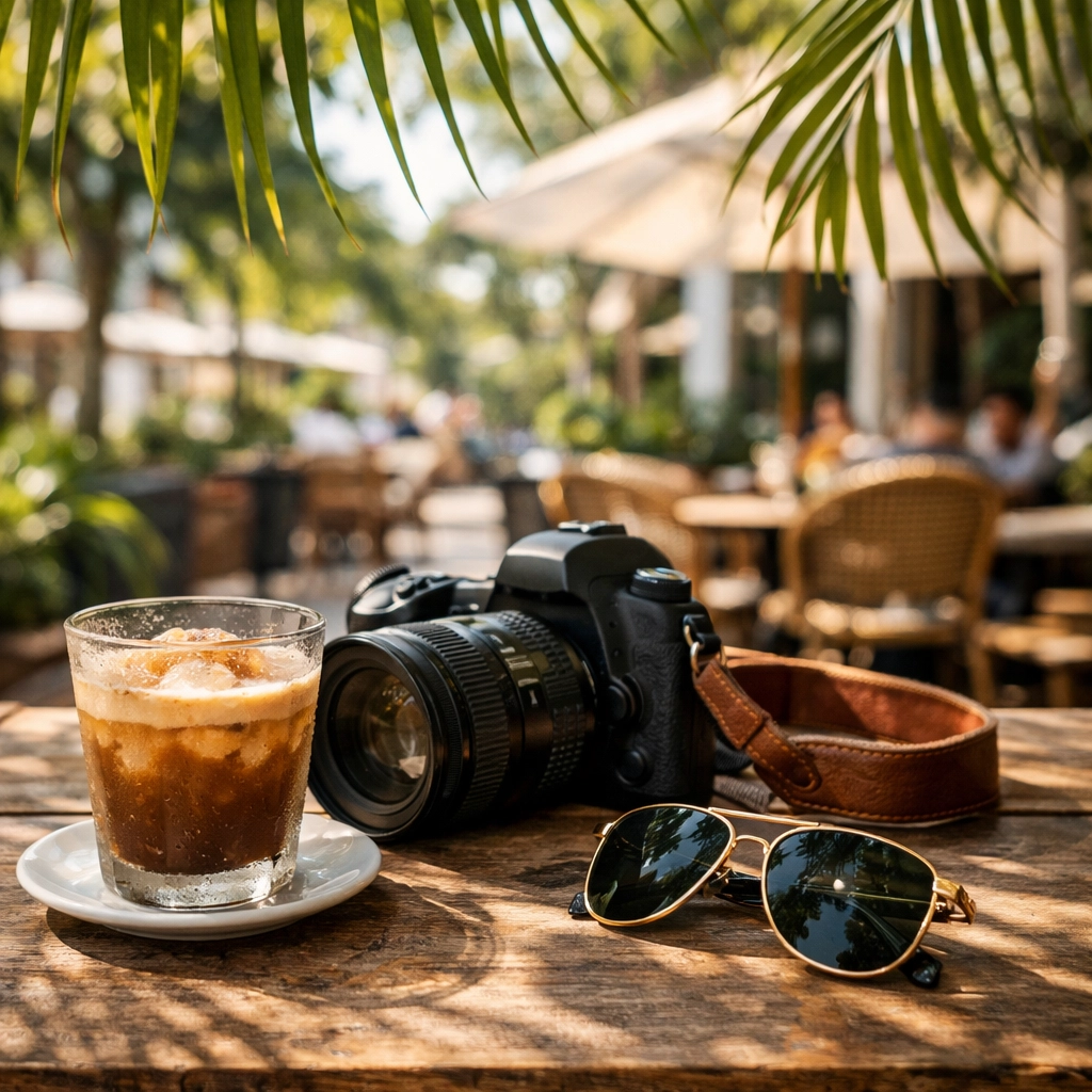Professional commercial photographer Miami lifestyle with camera gear at a Coconut Grove cafe.