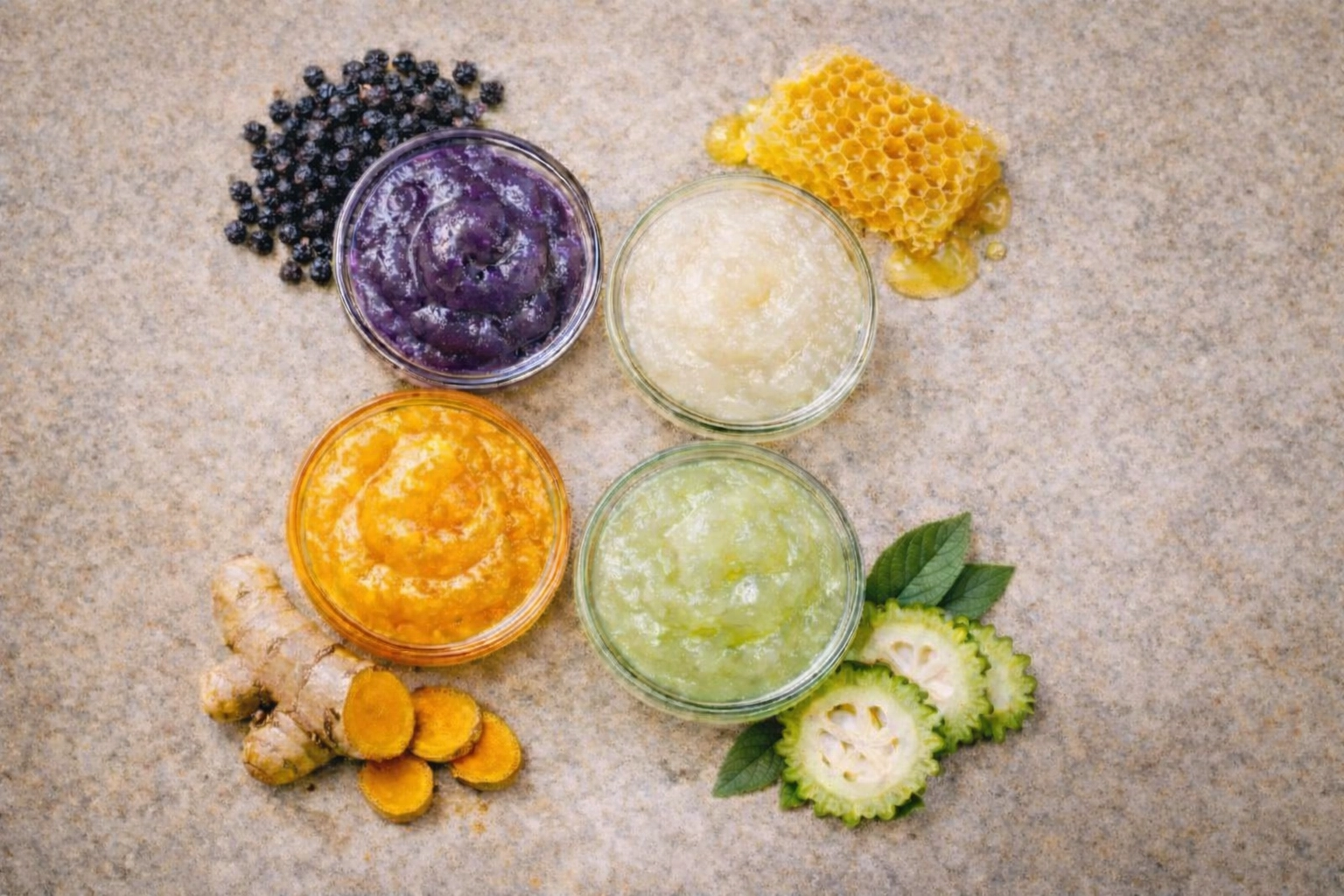 Four flavors of sea moss gel including elderberry and turmeric, surrounded by fresh raw ingredients.