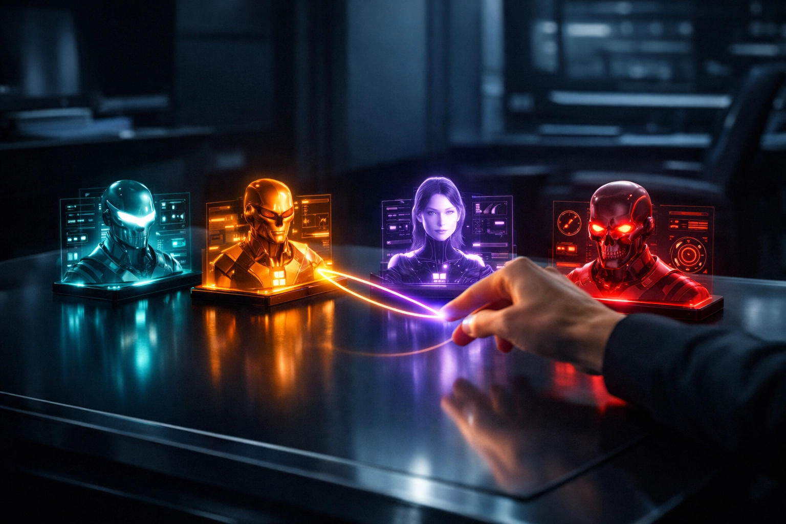 Human hand orchestrating a team of specialized AI agents to automate complex digital workflows.